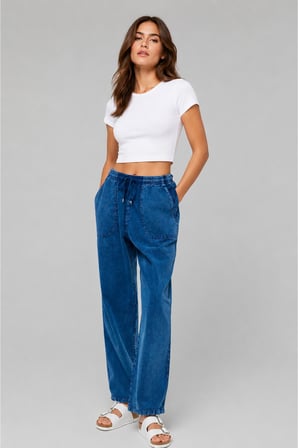 Yüksek Bel Beli Lastikli Keten Pantolon