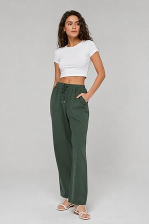 Yüksek Bel Beli Lastikli Keten Pantolon