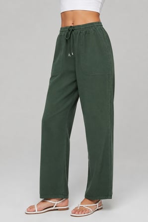 Yüksek Bel Beli Lastikli Keten Pantolon