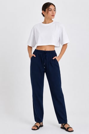 Yüksek Bel Beli Lastikli Keten Pantolon