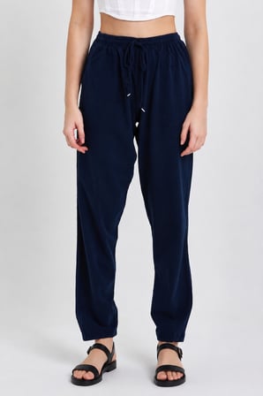 Yüksek Bel Beli Lastikli Keten Pantolon