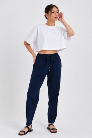 Yüksek Bel Beli Lastikli Keten Pantolon