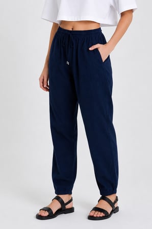 Yüksek Bel Beli Lastikli Keten Pantolon