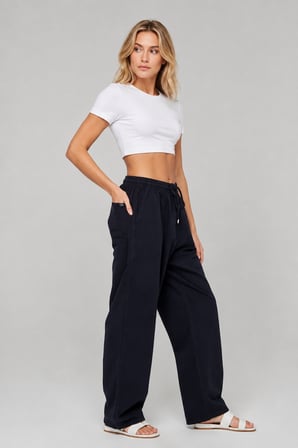 Yüksek Bel Beli Lastikli Keten Pantolon