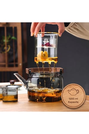 1 Adet Akasya Saplı Demlik – 1200 ML Borosilikat Cam, Akasya Ahşap Saplı Çay Demliği Ve Teapot