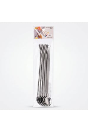10 Adet Kasikli Metal Pipet Seti – Paslanmaz Celik Kasik Uclu Pipet, Temizleme Fircali, Reusable Stainless Steel Straw