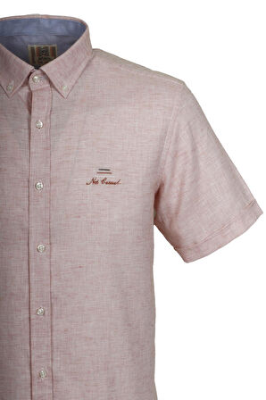 Erkek Kiremit Kısa Kol Yazlık Gömlek Slim Fit Düğme Yaka Pamuklu İnce Kumaş JEANS 7174 SHİRT