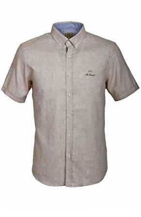 Erkek Bej Kısa Kol Yazlık Gömlek Slim Fit Düğme Yaka Pamuklu İnce Kumaş JEANS 7174 SHİRT