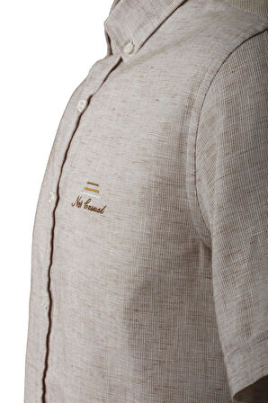 Erkek Bej Kısa Kol Yazlık Gömlek Slim Fit Düğme Yaka Pamuklu İnce Kumaş JEANS 7174 SHİRT