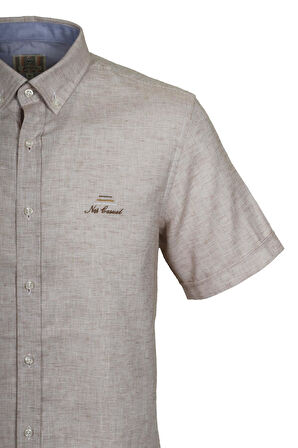 Erkek Bej Kısa Kol Yazlık Gömlek Slim Fit Düğme Yaka Pamuklu İnce Kumaş JEANS 7174 SHİRT