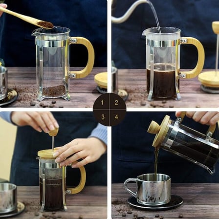 Özel Üretim Çay Demleme Kahve Sever Sıcak İçecek Ahşap Detaylı 600 ml Cam French Press
