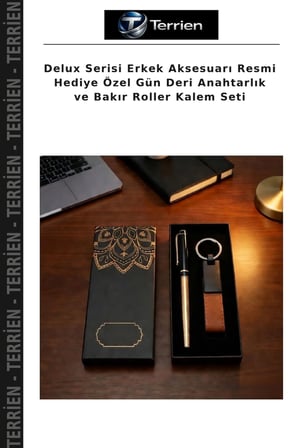 Delux Serisi Erkek Aksesuarı Resmi Hediye Özel Gün Deri Anahtarlık ve Bakır Roller Kalem Seti