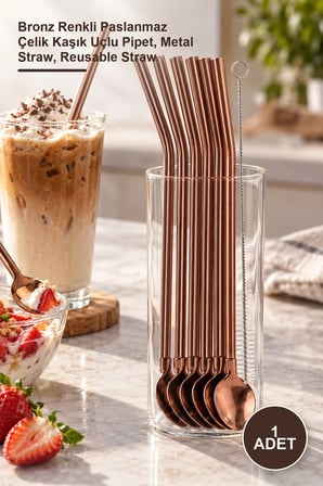 1 Adet Kaşıklı Pipet Seti – Bronz Renkli Paslanmaz Çelik Kaşık Uçlu Pipet, Metal Straw, Reusable Straw