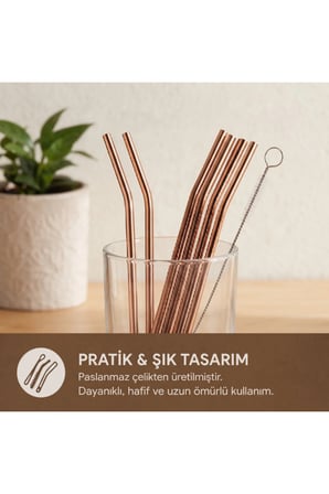 1 Adet Kaşıklı Pipet Seti – Bronz Renkli Paslanmaz Çelik Kaşık Uçlu Pipet, Metal Straw, Reusable Straw