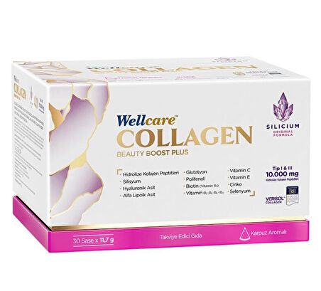 Wellcare Collagen Beauty Boost  Plus Hidrolize Kollajen Peptikleri Vitamin-Mineral Kompleks, Silisyum, Hyaluronik Asit, Polifeno Alfa Lipoik Asit Ve Glutatyon İçeren Karpuz Aromalı Saşe 30lu