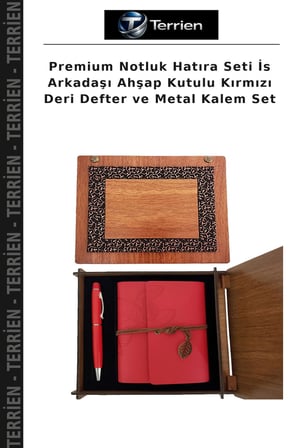 Premium Notluk Hatıra Seti İs Arkadaşı Ahşap Kutulu Kırmızı Deri Defter ve Metal Kalem Set