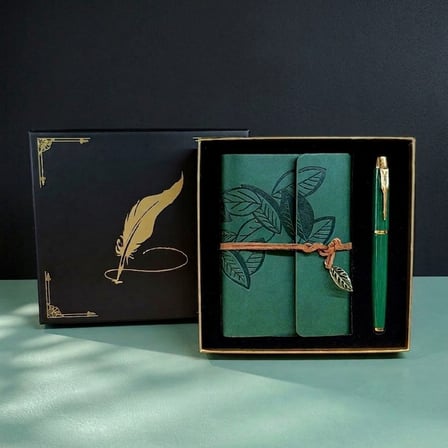 Özel Seri Yeşil Renk Defter Kalem Kutulu Set Görünüm Yaprak Gün