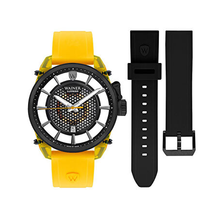 Wainer WA.11200-E Erkek Kol Saati – Sarı Silikon Kordonlu, Quartz Mekanizma, Yedek Siyah Kordon Hediyeli