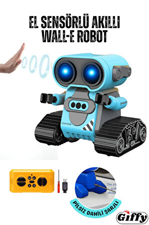 Oyuncak Uzaktan Kumandalı El Sensörlü Akıllı WALL-E Robot,Dahili Şarjlı,Işıklı,Sesli,Fonksiyon Mavi