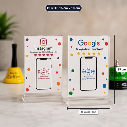2'li NFC Akıllı Kart Seti Yorum ve Sosyal Medya Pleksi Masaüstü Standı