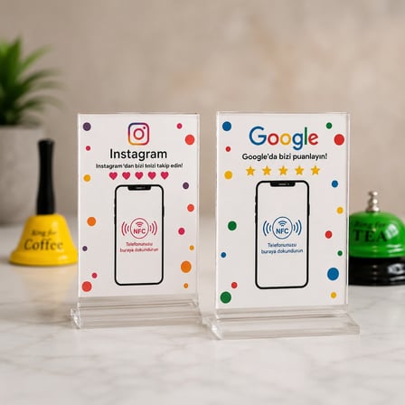 2'li NFC Akıllı Kart Seti Yorum ve Sosyal Medya Pleksi Masaüstü Standı