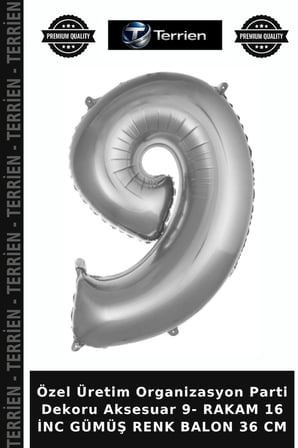 Özel Üretim Organizasyon Parti Dekoru Aksesuar 9- RAKAM 16 İNC GÜMÜŞ RENK BALON 36 CM