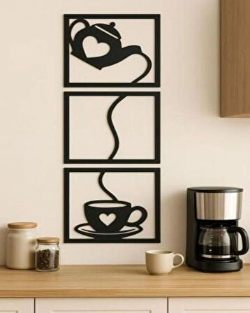Dekoratif Çaydanlık ve Fincan Temalı 3’lü Ahşap Duvar Tablosu