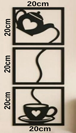 Dekoratif Çaydanlık ve Fincan Temalı 3’lü Ahşap Duvar Tablosu