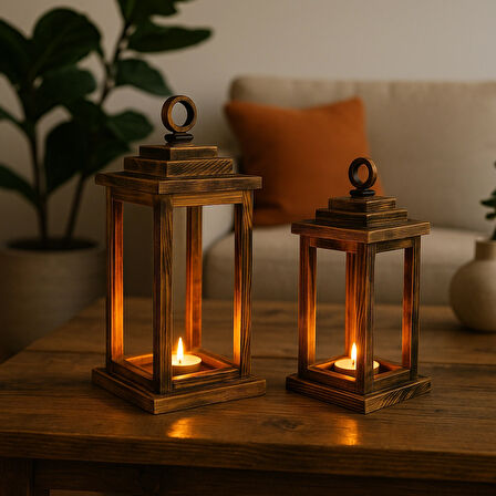 Rustik Ahşap Fener Dekoratif Mumluk 2 Li