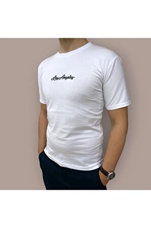 Erkek  Slim Fit Los Angeles Baskılı Pamuklu T-Shirt