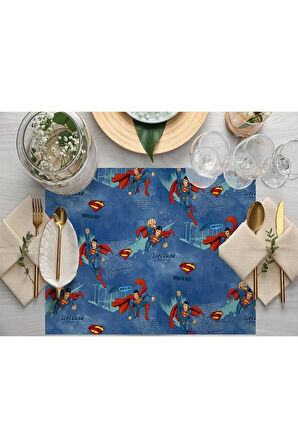 Blue Superman Kumaş Amerikan Servis 4'lü Set (warner Bros Lisanslı Ürün, Keten Kumaş)