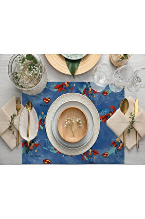 Blue Superman Kumaş Amerikan Servis 4'lü Set (warner Bros Lisanslı Ürün, Keten Kumaş)