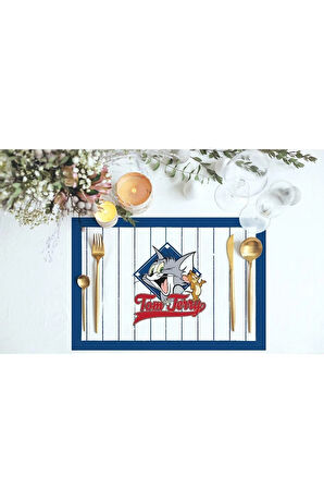 Lacivert Çizgili Tom & Jerry Kumaş Amerikan Servis 4lü Set 35x50cm Warner Bros Lisanslı, Keten Kumaş