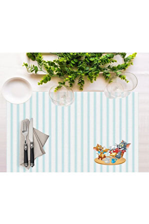 Tom And Jerry Striped Kumaş Amerikan Servis 4'lü Set 35x50cm- Warner Bros Lisanslı Ürün, Keten Kumaş