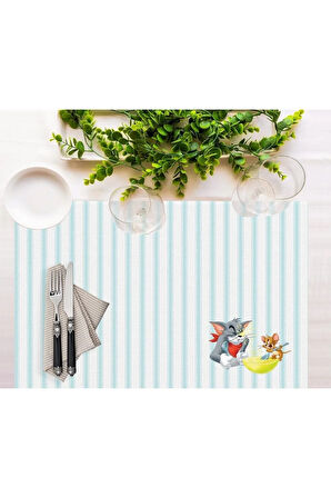Tom And Jerry Striped Kumaş Amerikan Servis 4'lü Set 35x50cm- Warner Bros Lisanslı Ürün, Keten Kumaş