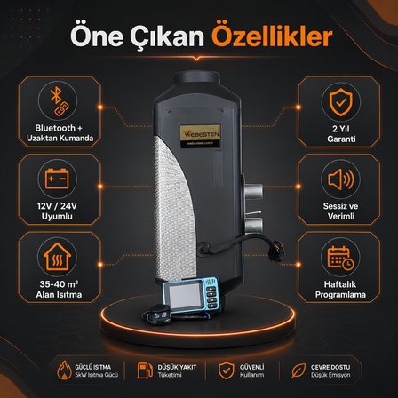 WEBESTEN WBS-NF-01 5kW Sabit Tip Dizel Isıtıcı 12V 24V Bluetoothlu