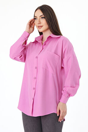 Tek Cepli Oversize Keten Gömlek- Pembe
