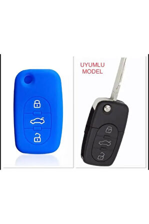 Audi A2 A3 A4 A6 A8 Uyumlu Silikon Anahtar Koruma Kılıfı 3 Tuşlu Mavi Renk