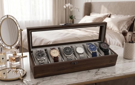 Woodini Premium Gri 6'lı Ahşap Saat Kutusu - Yeni Nesil Yastıklı