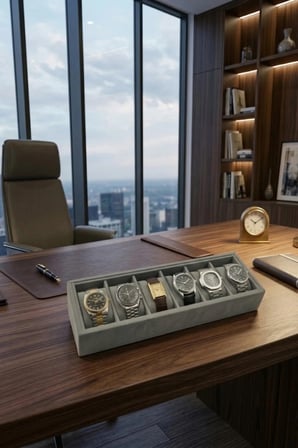 Woodini Gri Flok Kumaş 6'lı Saat Kutusu – Yeni Nesil Ergonomik Yastıklı