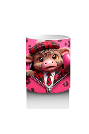 Çocuklara Sütü Sevdiren Kalpli Ceketli Buzağı Desenli Kupa Bardak