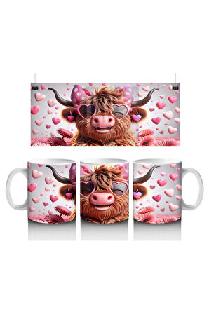 Çocuklara Sütü Sevdiren Pembe Kurdeleli Kalpli Gözlüklü İnek Desenli Kupa Bardak