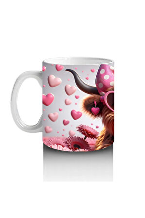 Çocuklara Sütü Sevdiren Pembe Kurdeleli Kalpli Gözlüklü İnek Desenli Kupa Bardak