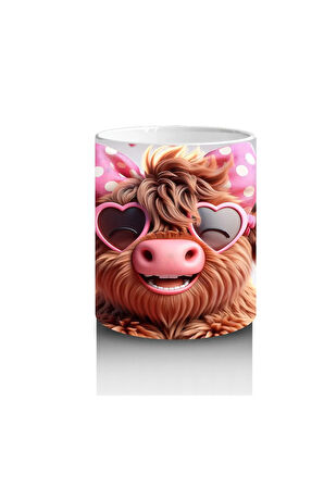 Çocuklara Sütü Sevdiren Pembe Kurdeleli Kalpli Gözlüklü İnek Desenli Kupa Bardak