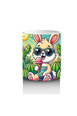 Çocuklara Sütü Sevdiren Dondurma Yiyen Sevimli Tavşan Desenli Kupa Bardak