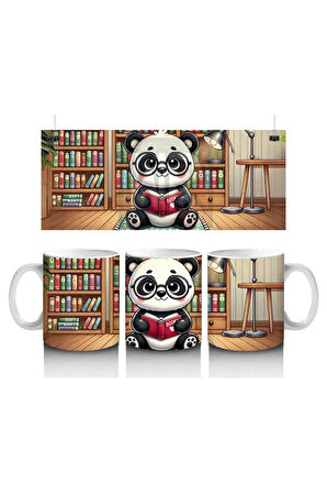 Çocuklara Sütü Sevdiren Kitap Okuyan Sevimli Panda Desenli Kupa Bardak