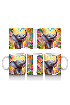 Çocuklara Sütü Sevdiren Rengârenk Arka Planlı Sevimli Fil Desenli Kupa Bardak