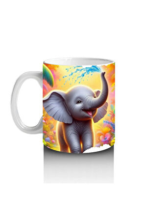 Çocuklara Sütü Sevdiren Rengârenk Arka Planlı Sevimli Fil Desenli Kupa Bardak