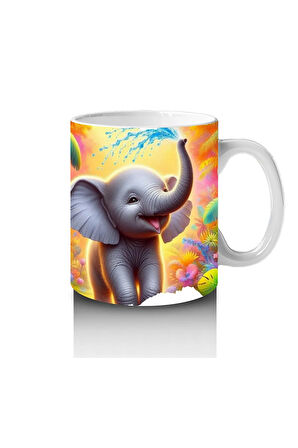 Çocuklara Sütü Sevdiren Rengârenk Arka Planlı Sevimli Fil Desenli Kupa Bardak