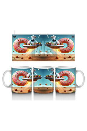 Çocuklara Sütü Sevdiren Uçan Donut ve Şef Fareli Uzay Gemisi Desenli Kupa Bardak
